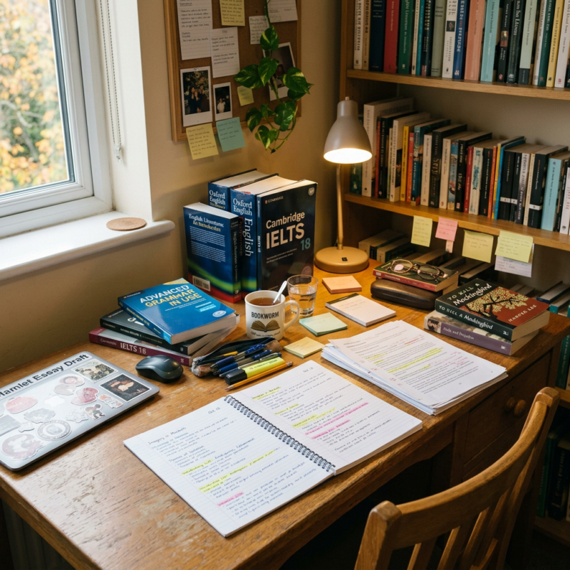 Study desk with IELTS books, notebooks with highlighted notes, pens, and a laptop under window light